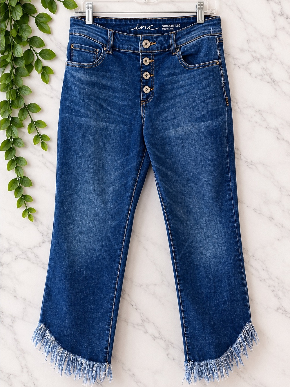 INC Straight Leg Jeans Size 10 Button Fly Raw Fringe Hem Stretch Denim